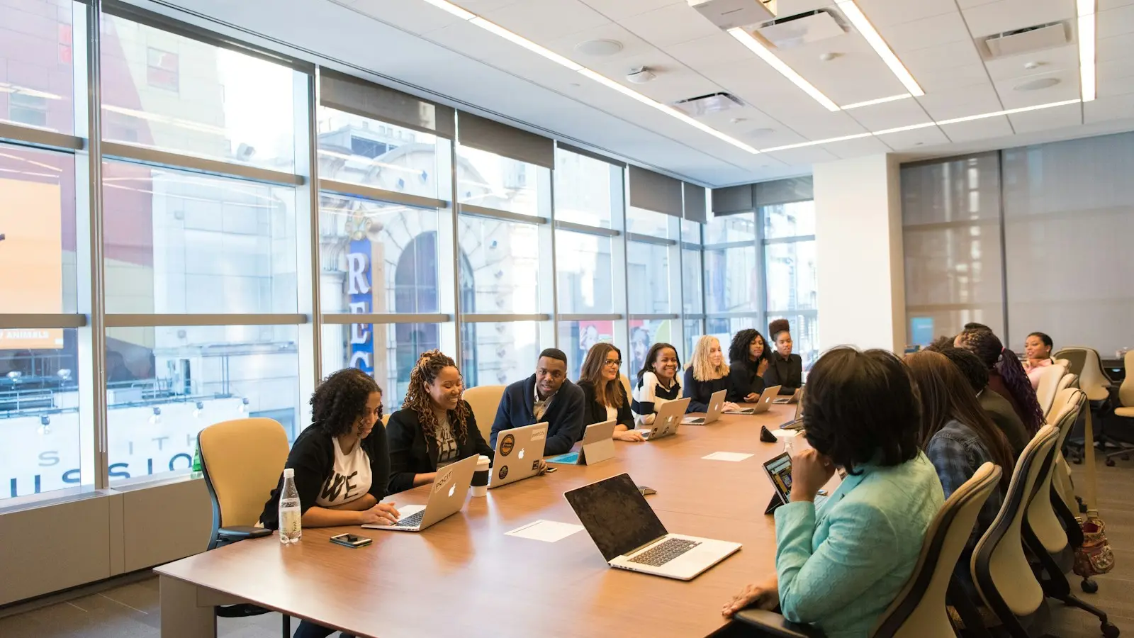 A diverse business team collaborating around a table